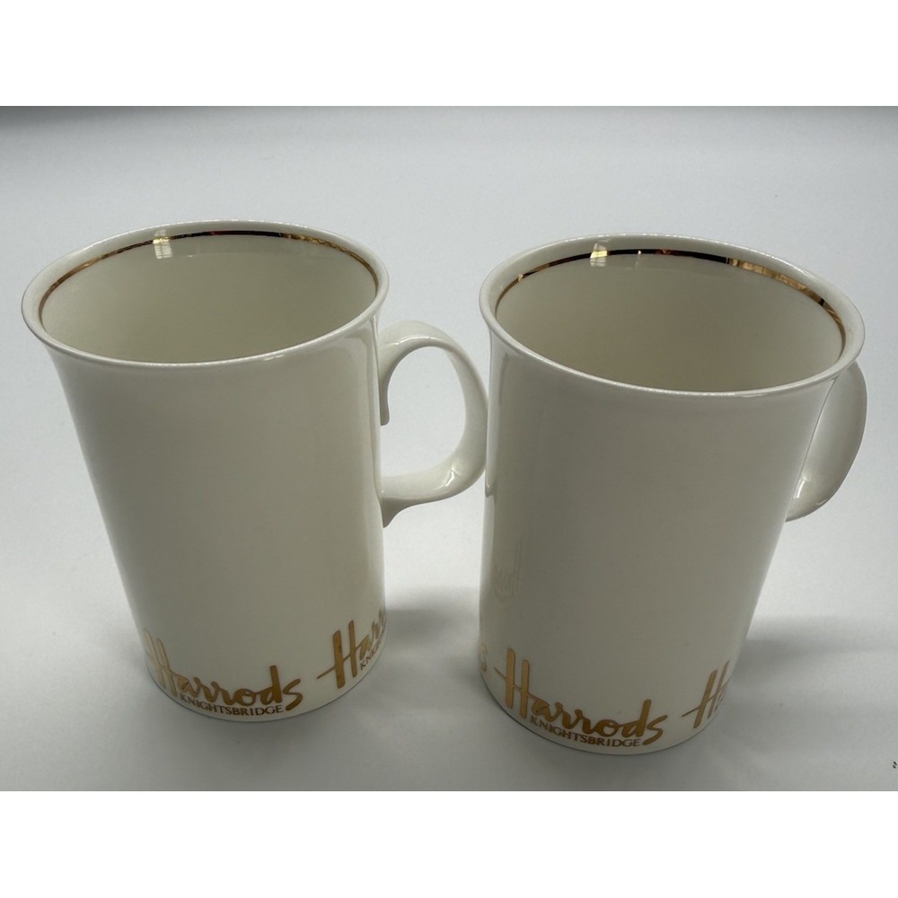 Pair Harrods Fine Bone China Gold Trim Coffee Tea Cups Mug, white